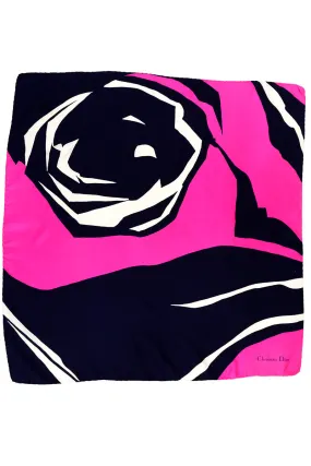 1980s Christian Dior Hot Pink & Navy Blue Silk Floral Scarf