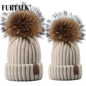 Furtalk Real Fur Hat Knitted Real Big Raccoon Pom Pom Hat Women Winter Hat Unisex Kids Warm Chunky Thick Stretchy Knit