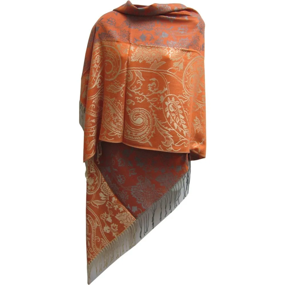 Luxurious Reversible Jacquard Silk Pashmina Two-Tone Paisley Floral Fringe Shawl