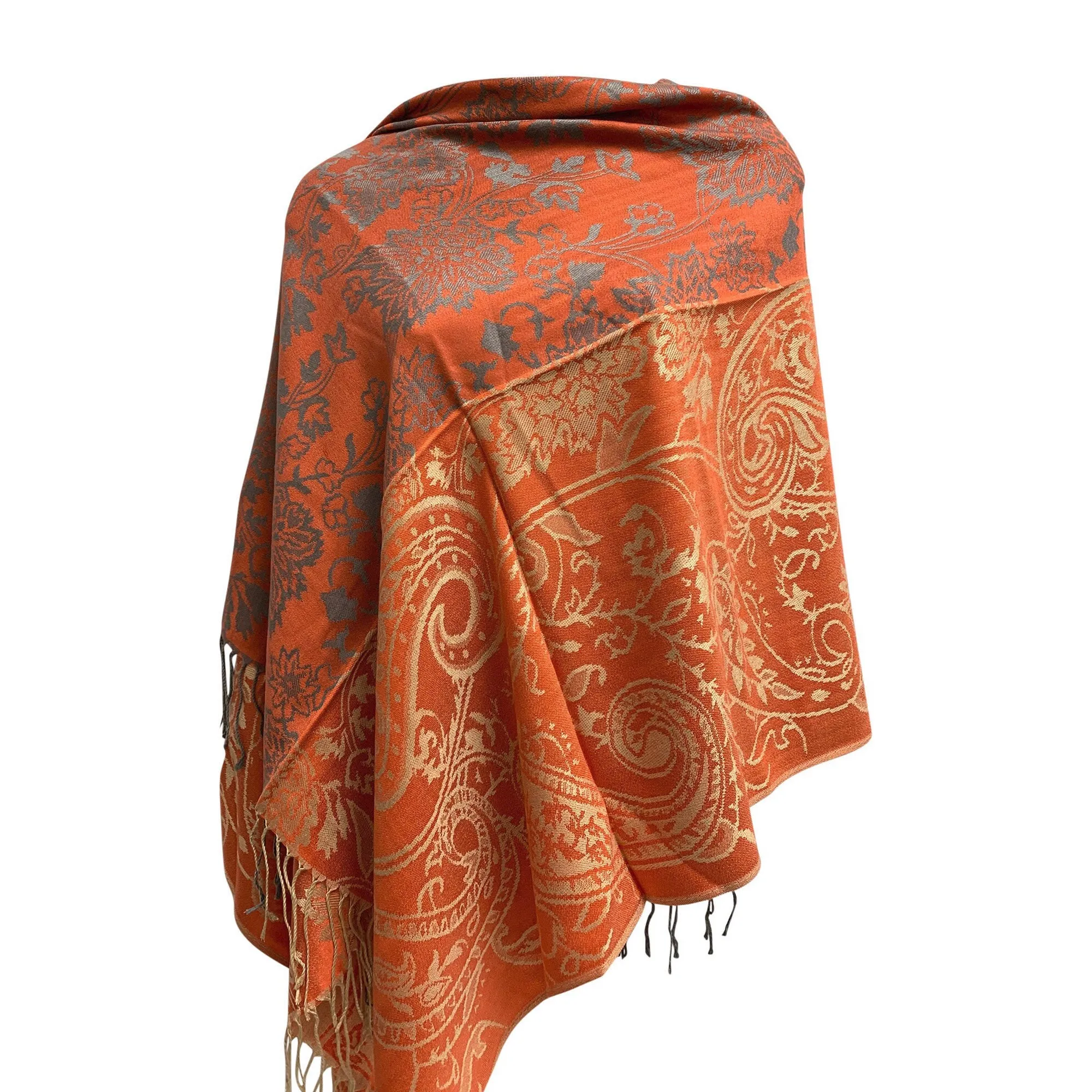 Luxurious Reversible Jacquard Silk Pashmina Two-Tone Paisley Floral Fringe Shawl