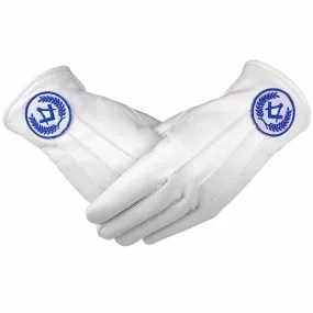 Masonic Regalia White Soft Leather Gloves Square Compass Blue