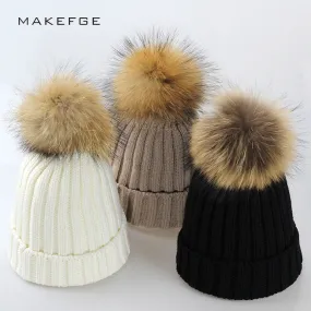 Real Fur Winter Hat Raccoon Pom Pom Hat For Women Brand Thick Women Hat Girls Caps Knitted Beanies Cap Wholesale  2017 new 9275