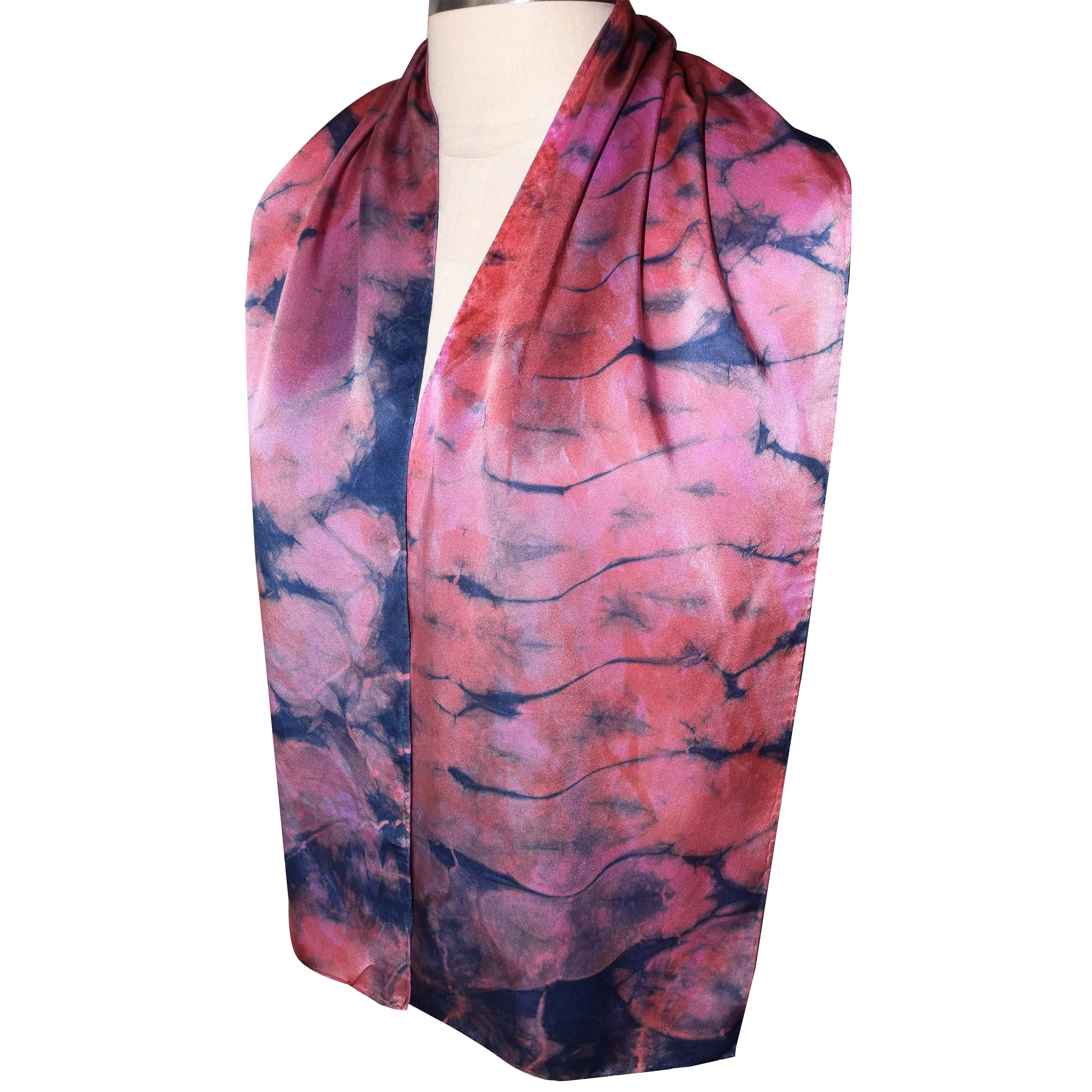 Shibori Indigo and Fuschia Hand Dyed Charmeuse Silk Scarf