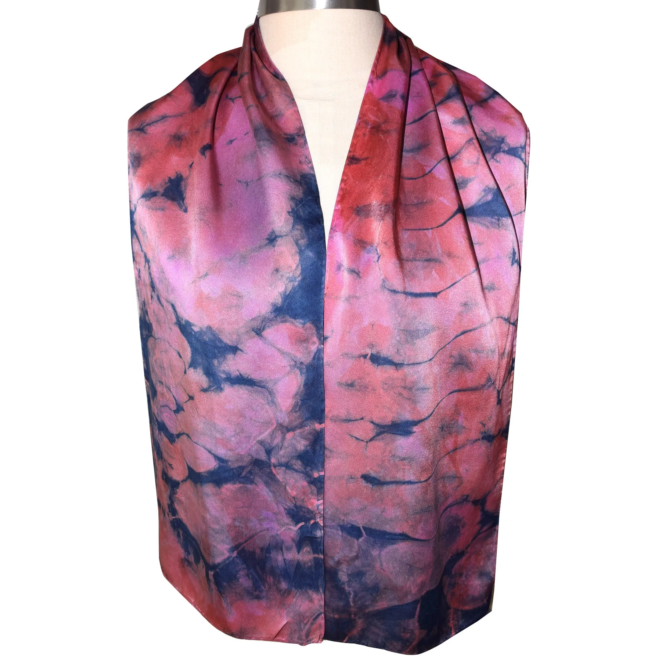 Shibori Indigo and Fuschia Hand Dyed Charmeuse Silk Scarf