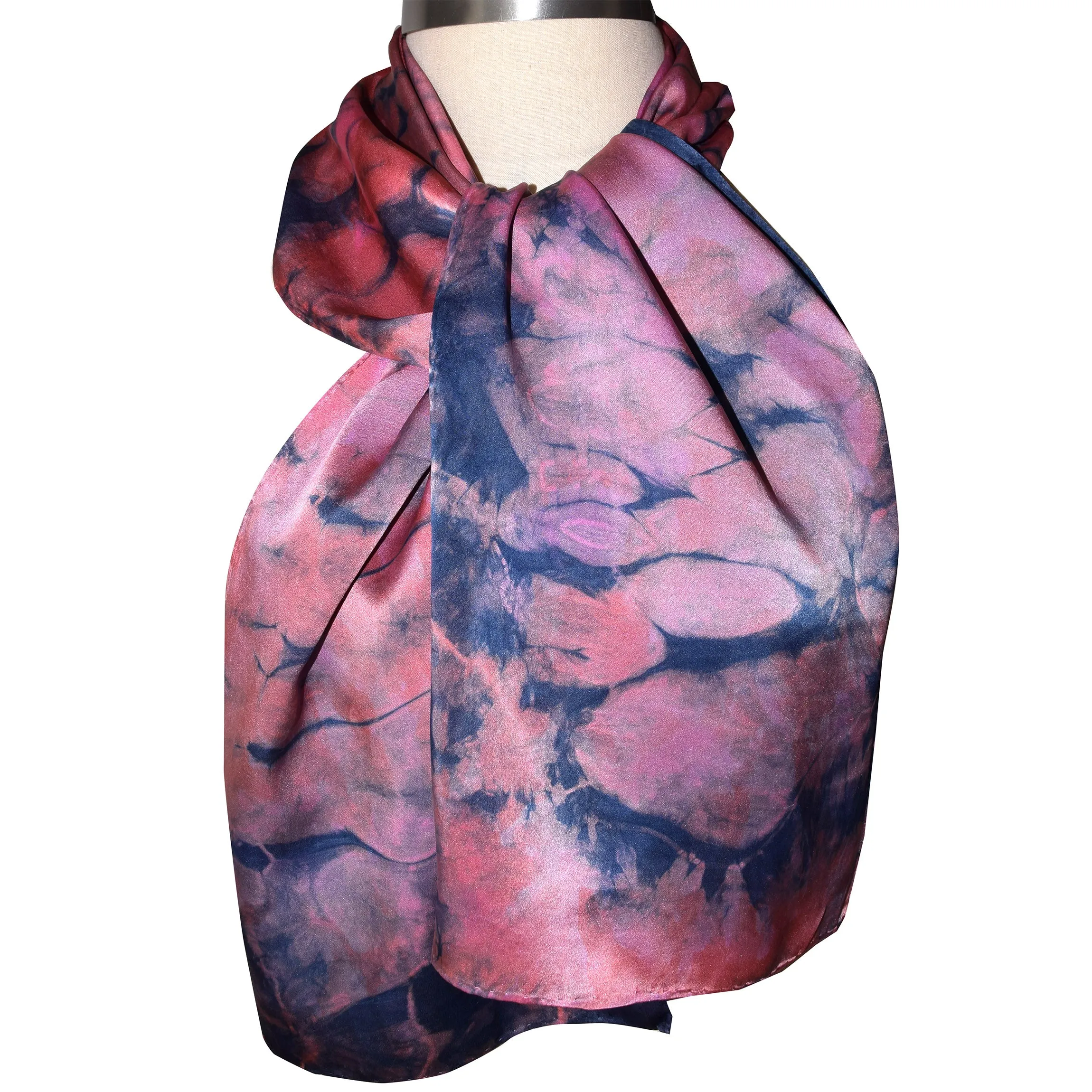 Shibori Indigo and Fuschia Hand Dyed Charmeuse Silk Scarf