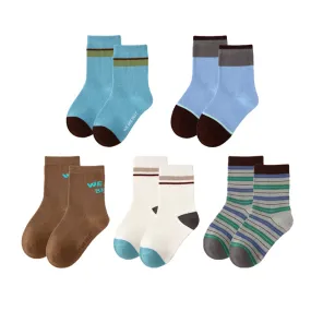 Sweetnana Autumn and Winter 4-Pack Children's Cotton Socks, Contrast Colors, Stripe Letter, Casual Sporty Style, Thick, Comfort, Mid-calf Socks.