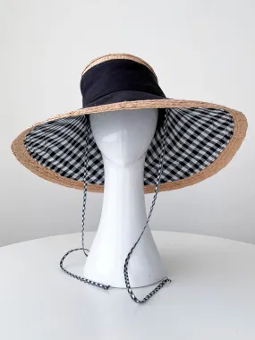 Wide Brimmed Canvas and Raffia Sun Hat: Black and Gingham