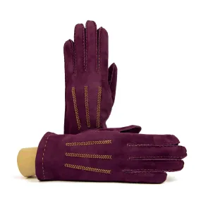 Women's classic purple suede leather gloves entirely hand-sewn with cashmere lining